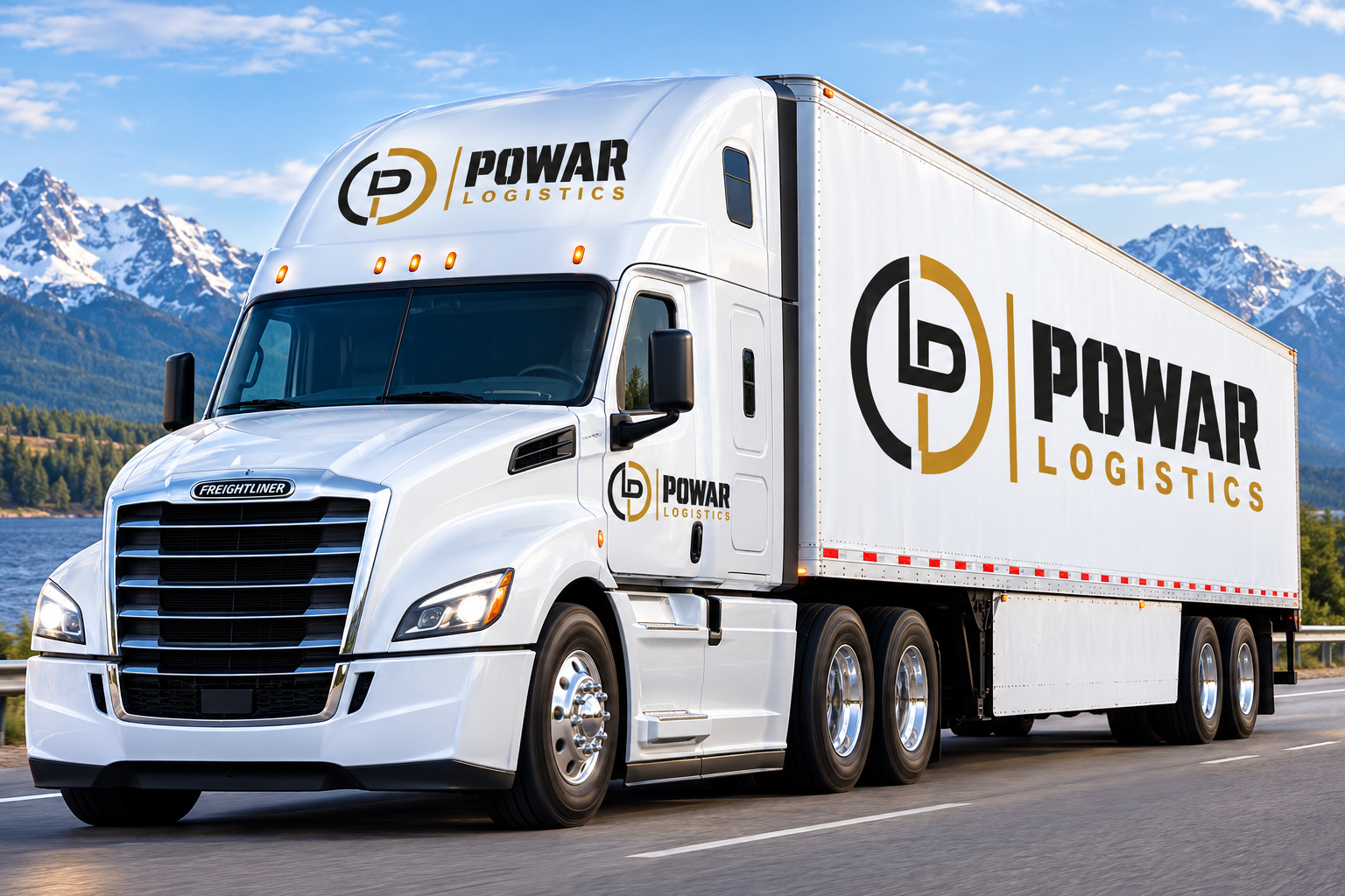 Powar Import and Export truck driving on a mountain highway