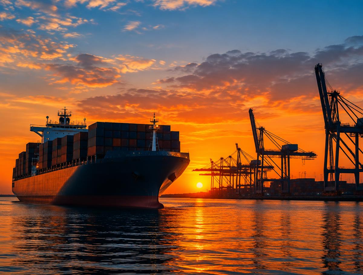 Cargo ship sailing past port cranes at sunset